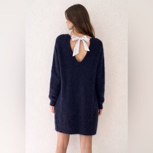 NWOT-English Factory Navy Fuzzy Knit Sweater Midi Dress – Bow Back Detail
